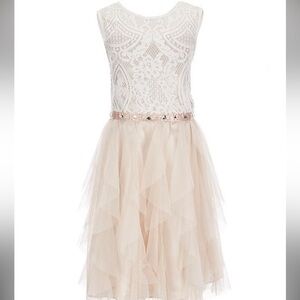 Rare Editions Big Girls 10 Lace Bodice Beaded Waist Belt Mesh Cascade Dress EUC